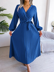 Elegant V Neck Long Sleeve Pleated Maxi Dress