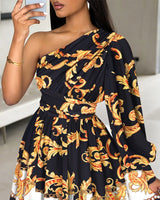 Baroque Print One Shoulder Dress