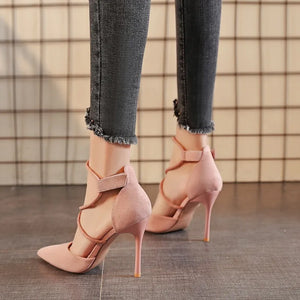 Suede Pointed Cross Toe Strap High Heel Shoes