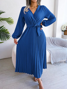 Elegant V Neck Long Sleeve Pleated Maxi Dress