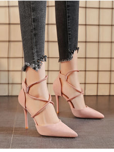 Suede Pointed Cross Toe Strap High Heel Shoes