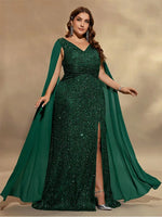 Plus Size Cape Sequin Evening Dress