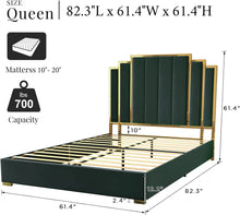 Load image into Gallery viewer, King Size Platform Frame Velvet Bed with Gold Trim Headboard
