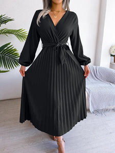 Elegant V Neck Long Sleeve Pleated Maxi Dress