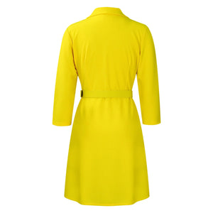 Notched Collar Full Sleeve Sashes Pleated Dress