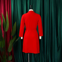 Notched Collar Full Sleeve Sashes Pleated Dress