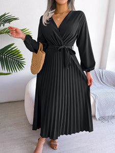 Elegant V Neck Long Sleeve Pleated Maxi Dress