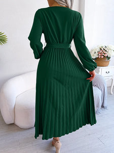 Elegant V Neck Long Sleeve Pleated Maxi Dress