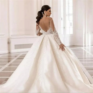 Crystals Beads Soft Tulle Long Sleeve Bridal Ball Gown