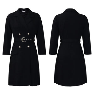 Notched Collar Full Sleeve Sashes Pleated Dress