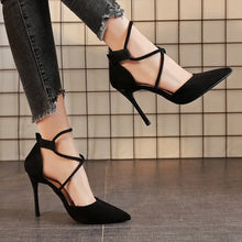 Load image into Gallery viewer, Suede Pointed Cross Toe Strap High Heel Shoes
