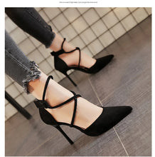 Load image into Gallery viewer, Suede Pointed Cross Toe Strap High Heel Shoes
