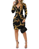 Elegant V-Neck Baroque Chain Print Dress