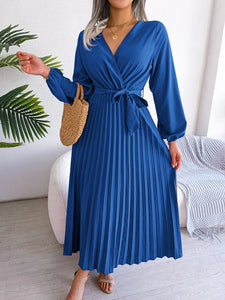 Elegant V Neck Long Sleeve Pleated Maxi Dress