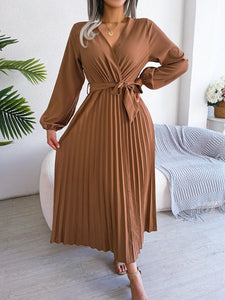 Elegant V Neck Long Sleeve Pleated Maxi Dress