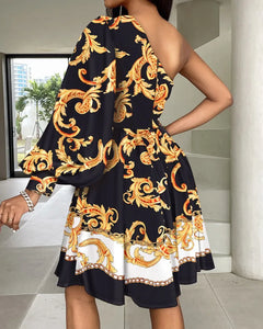 Baroque Print One Shoulder Dress