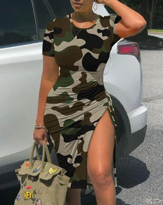 Camouflage Print Drawstring High Slit Dress