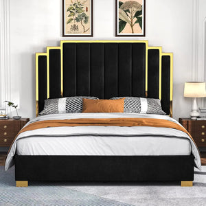 King Size Platform Frame Velvet Bed with Gold Trim Headboard