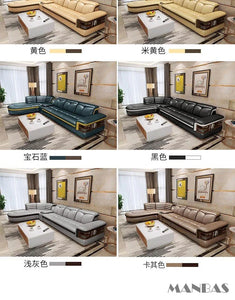 Luxury L-Shaped Genuine Leather Sectional Sofa with Bluetooth Speaker