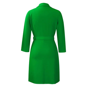 Notched Collar Full Sleeve Sashes Pleated Dress