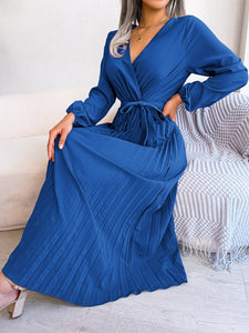 Elegant V Neck Long Sleeve Pleated Maxi Dress