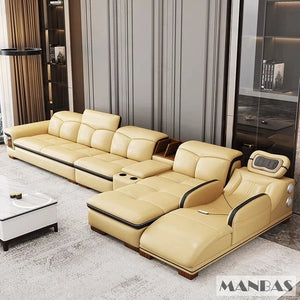 Luxury L-Shaped Genuine Leather Sectional Sofa with Bluetooth Speaker