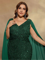 Plus Size Cape Sequin Evening Dress
