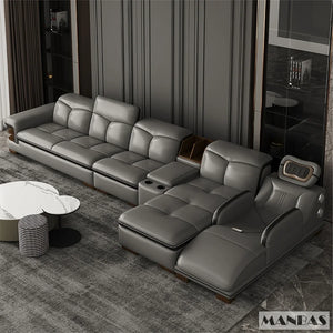 Luxury L-Shaped Genuine Leather Sectional Sofa with Bluetooth Speaker