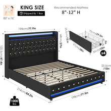 Load image into Gallery viewer, LED Bed Frame Charging Station and 4 Storage Drawers PU Upholstered Platform Bed
