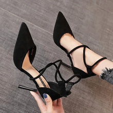 Load image into Gallery viewer, Suede Pointed Cross Toe Strap High Heel Shoes
