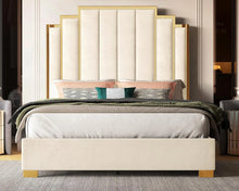 Load image into Gallery viewer, King Size Platform Frame Velvet Bed with Gold Trim Headboard
