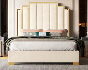 King Size Platform Frame Velvet Bed with Gold Trim Headboard