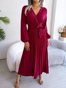 Elegant V Neck Long Sleeve Pleated Maxi Dress