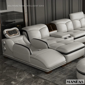 Luxury L-Shaped Genuine Leather Sectional Sofa with Bluetooth Speaker