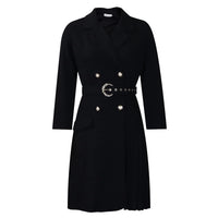 Notched Collar Full Sleeve Sashes Pleated Dress