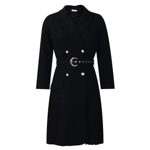 Notched Collar Full Sleeve Sashes Pleated Dress