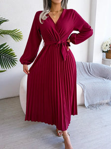 Elegant V Neck Long Sleeve Pleated Maxi Dress