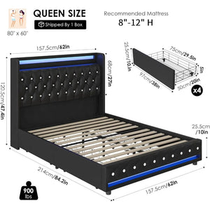 LED Bed Frame Charging Station and 4 Storage Drawers PU Upholstered Platform Bed