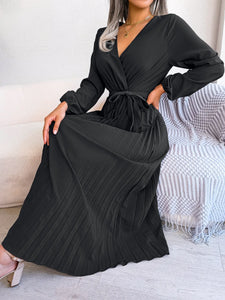 Elegant V Neck Long Sleeve Pleated Maxi Dress