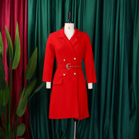 Notched Collar Full Sleeve Sashes Pleated Dress