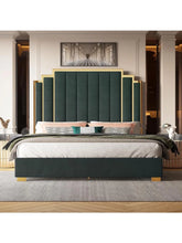 Load image into Gallery viewer, King Size Platform Frame Velvet Bed with Gold Trim Headboard
