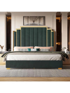 King Size Platform Frame Velvet Bed with Gold Trim Headboard