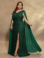 Plus Size Cape Sequin Evening Dress