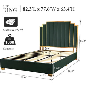 King Size Platform Frame Velvet Bed with Gold Trim Headboard