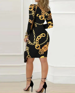 Elegant V-Neck Baroque Chain Print Dress