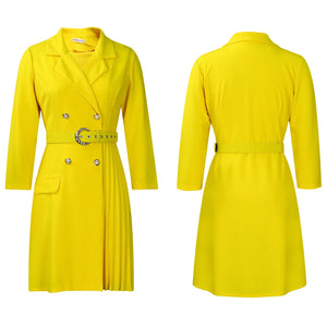 Notched Collar Full Sleeve Sashes Pleated Dress