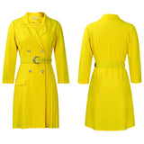 Notched Collar Full Sleeve Sashes Pleated Dress