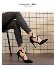 Load image into Gallery viewer, Suede Pointed Cross Toe Strap High Heel Shoes
