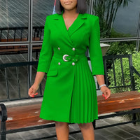 Notched Collar Full Sleeve Sashes Pleated Dress
