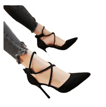 Load image into Gallery viewer, Suede Pointed Cross Toe Strap High Heel Shoes
